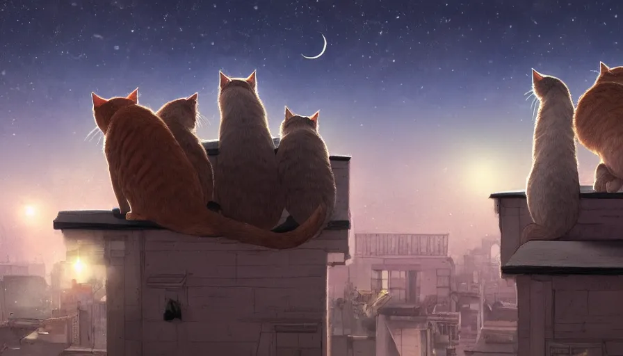 Prompt: back view of cats on rooftop looking at the stars during night, hyperdetailed, artstation, cgsociety, 8 k
