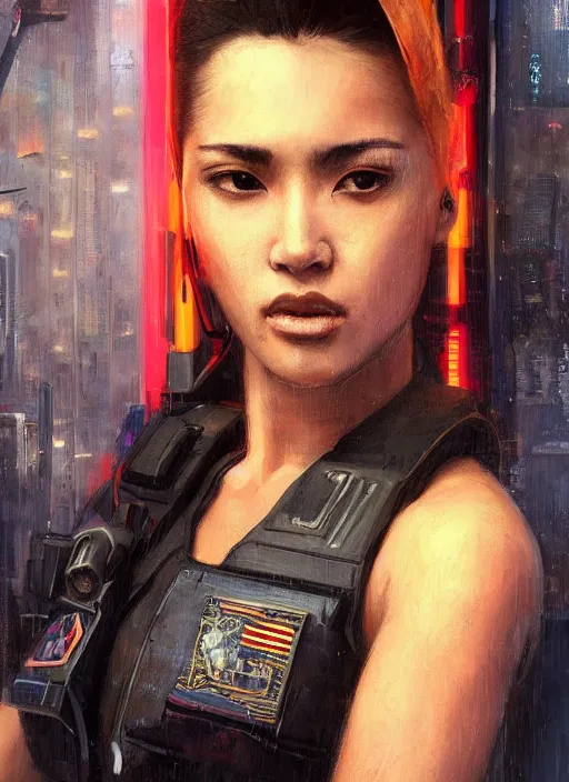 Image similar to Nikki tanaka. beautiful cyberpunk female USN marine wearing a military vest and brightly colored jumpsuit (cyberpunk 2077, bladerunner 2049). gorgeous face. Iranian orientalist portrait by john william waterhouse and Edwin Longsden Long and Theodore Ralli and Nasreddine Dinet, oil on canvas. Cinematic, hyper realism, realistic proportions, dramatic lighting, high detail 4k