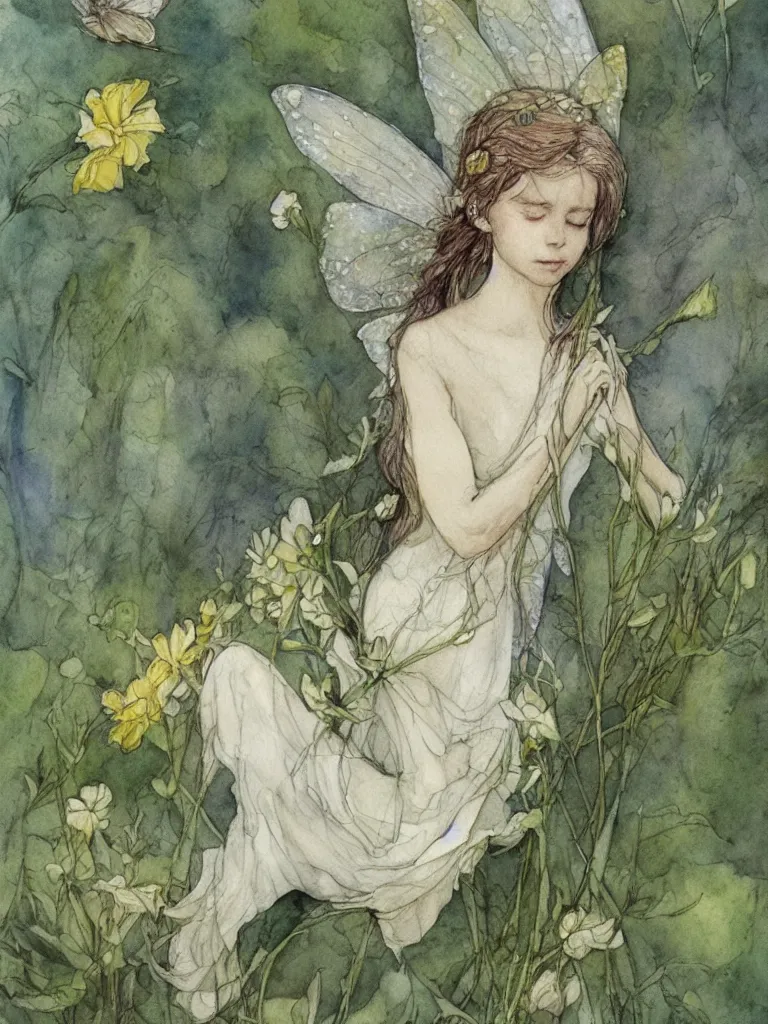 Image similar to study of a flower fairy, illustration, watercolor, alan lee, detailed, pretty, ethereal,