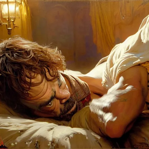 Image similar to peter dinklage is in his bed, nervous and terrified, because a kevin bacon is attacking him. highly detailed painting by gaston bussiere, j. c. leyendecker, greg rutkowski, craig mullins 8 k