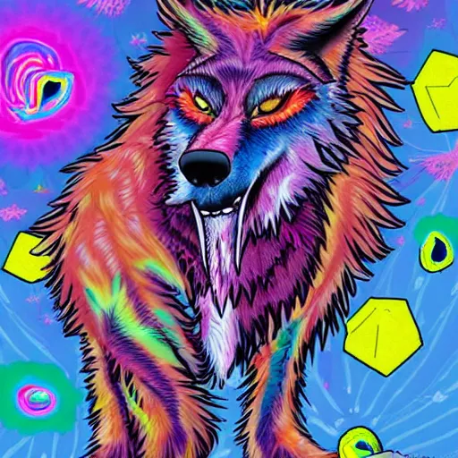 Image similar to a werewolf covered in blood in the style of lisa frank