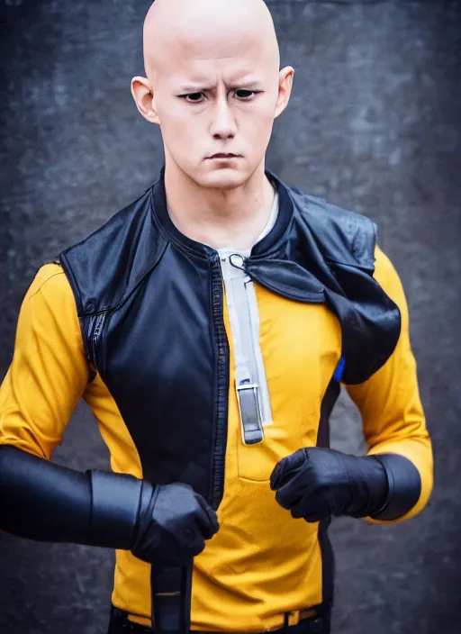 Image similar to A full portrait photo of real-life saitama one punch man, f/22, 35mm, 2700K, lighting, perfect faces, award winning photography.