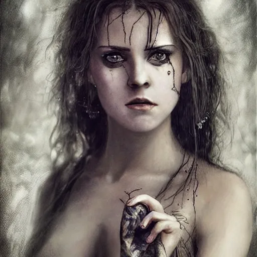 Prompt: oil art of Hermione in tattoos conjuring with a magic wand, by luis royo art, dressed beautiful gown, beautiful eyes, Beautiful face, by Aggi Erguna, high detail, high resolution, art from harry potter, by David Lazar and Annie Leibovitz 500px photos, top cinematic lighting , cinematic mood, very detailed