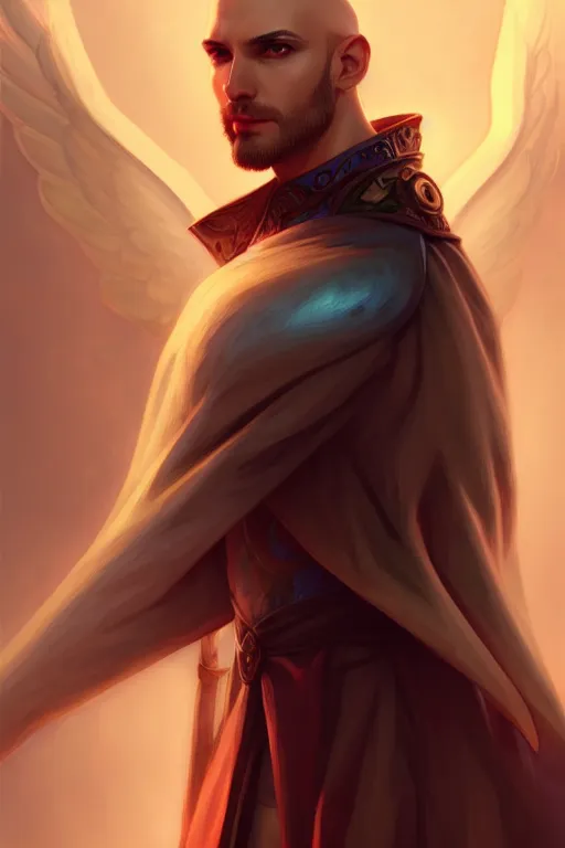 Image similar to casual male bald aasimar warlock portrait, highly detailed, digital painting, artstation, sharp focus, illustration, art by tan zi and ayanamikodon and alphonse mucha and wlop