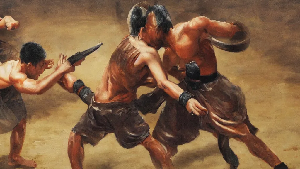 Image similar to asian person fighting a turkish person, cinematic, 4 k, oil painting