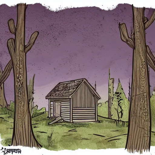 Prompt: a Illustration of a Eerie cabin in the middle of the woods in the style of Kenze Wee