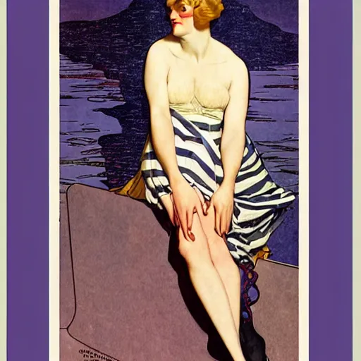 Image similar to a beautiful woman in striped nylons, art by coles phillips, mucha,