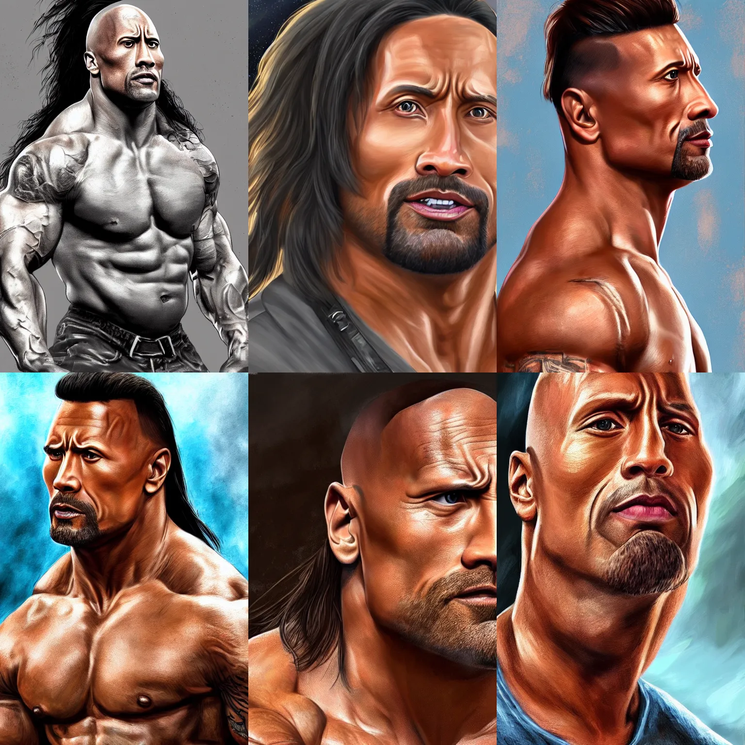 Prompt: stunning, very detailed, digital painting of Dwayne Johnson with a mullet, majestic, glorious, fantastic, high quality, 4k, artstation