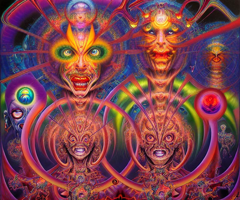 Prompt: realistic detailed image of a friendly figures of psychedelic dmt jesters made of light dancing in the outer 5th dimensional field by Alex Grey, by Ayami Kojima, Amano, Karol Bak, Greg Hildebrandt, and Mark Brooks. rich deep colors. Beksinski painting, part by Adrian Ghenie and Gerhard Richter. art by Takato Yamamoto. masterpiece