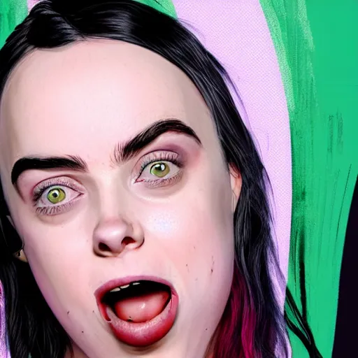 Image similar to mad billie eilish with a british teeths