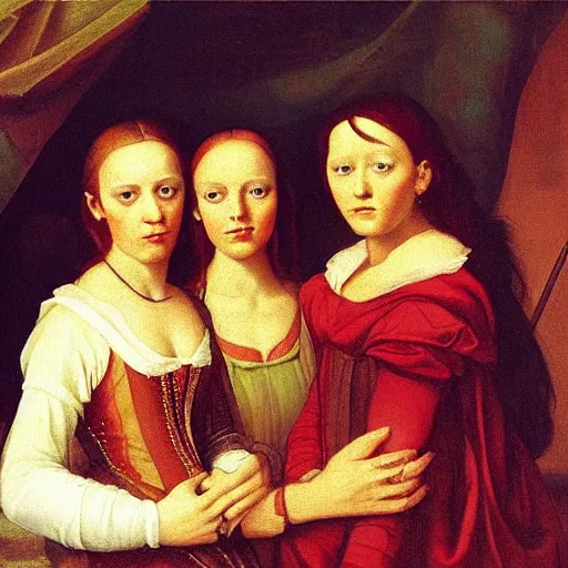 Prompt: Renaissance oil painting of a group of creepy young ladies