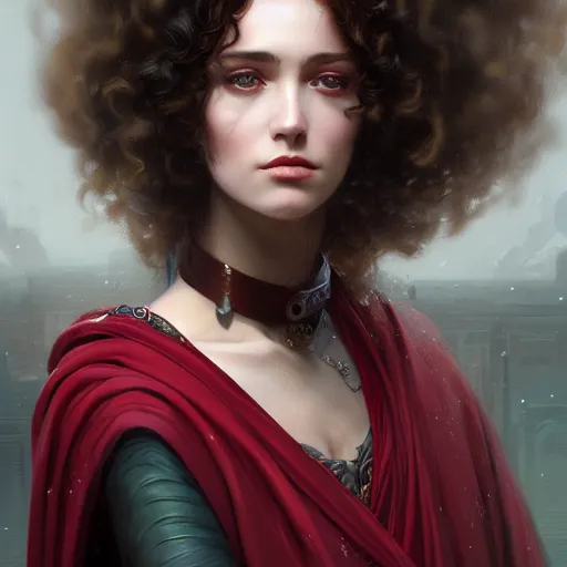 Image similar to portrait of a gorgeous italian aristocrat girl with ringlets wearing crimson robes, HD, D&D 4k, 8k, incredibly detailed, intricate, masterpiece, digital illustration by greg rutkowski and tom bagshaw, trending on artstation, character design, concept art