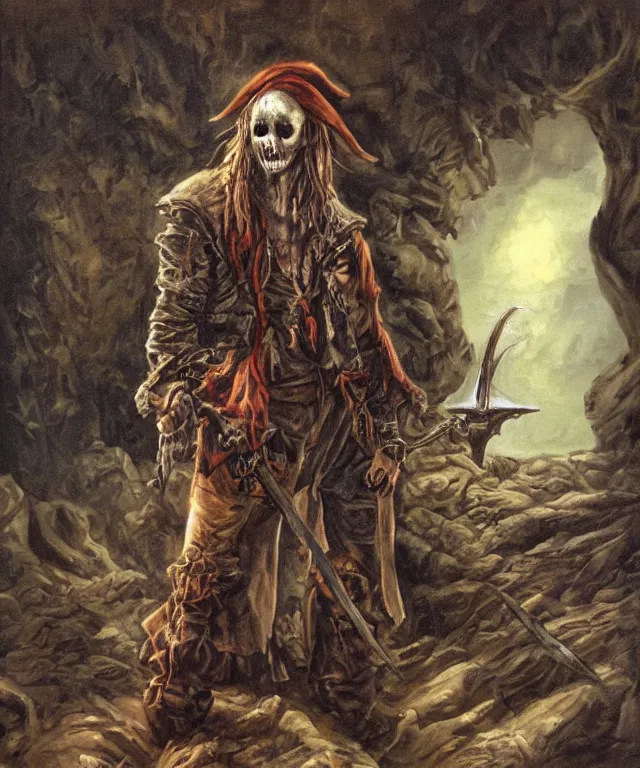 Prompt: ultra realistic color portrait painting of an undead 1 7 th century pirate with a sword in a grotto, dark, painted, brooding, atmospheric, seascape, horror, smooth, epic, highly detailed, cinematic, by larry elmore