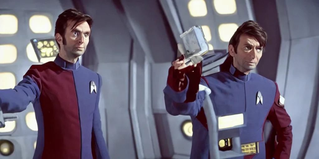 Image similar to David Tennant as Doctor Who, in Starfleet uniform, in the role of Captain Kirk in a scene from Star Trek the original series