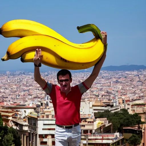 Prompt: Manuel Valls riding a giant banana over barcelona