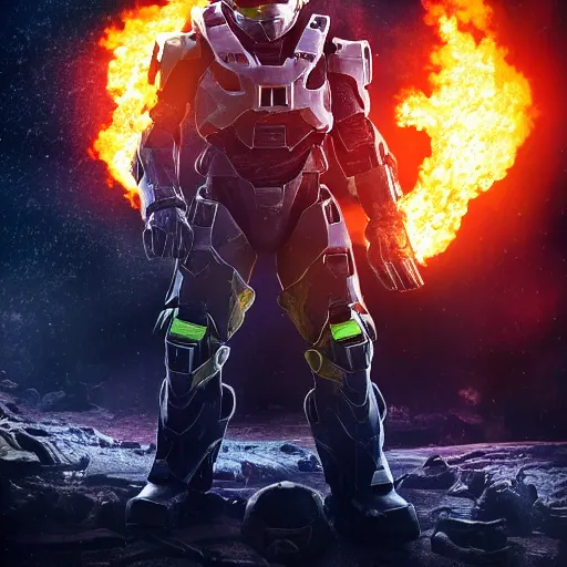 Prompt: professional photo of the master chief from halo with massive explosions of plasma and fire and debris and pieces of spaceship all around him in the style of the movie lone survivor nikon d 8 0 6 0 mm lens, cinematic lighting and shadows