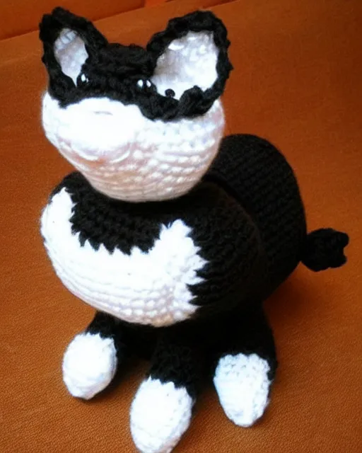 Image similar to cute crocheted black cat wearing a tuxedo, calico critter