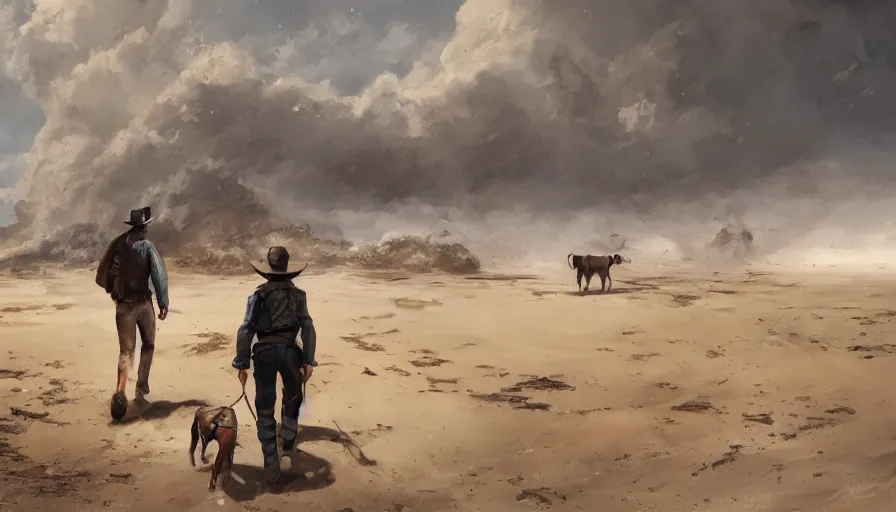 Prompt: guy and his dog walking in an abandoned cow - boy town covered by sand, heavy wave, hyperdetailed, artstation, cgsociety, 8 k