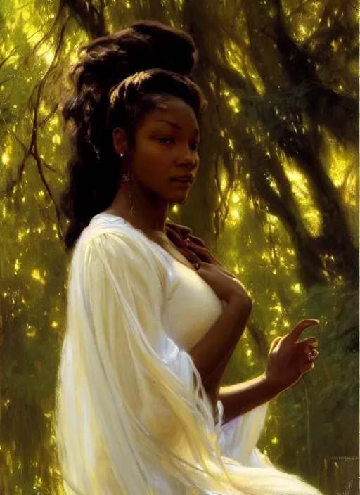 Image similar to a beautiful young black woman with long flowing hair in a flowing white gown in the forest, highly detailed painting by gaston bussiere, craig mullins, j. c. leyendecker 8 k