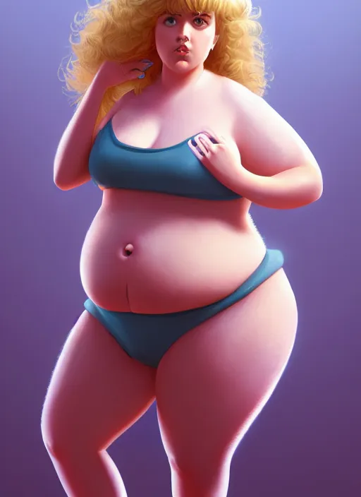 Image similar to full body portrait, teenage betty cooper, blonde hair, obese, bangs, ponytail, sultry, realistic, sultry smirk, fluffy bangs, curly bangs, fat, belly, beautiful girl, intricate, elegant, highly detailed, digital painting, artstation, concept art, smooth, sharp focus, illustration, art by wlop, mars ravelo and greg rutkowski