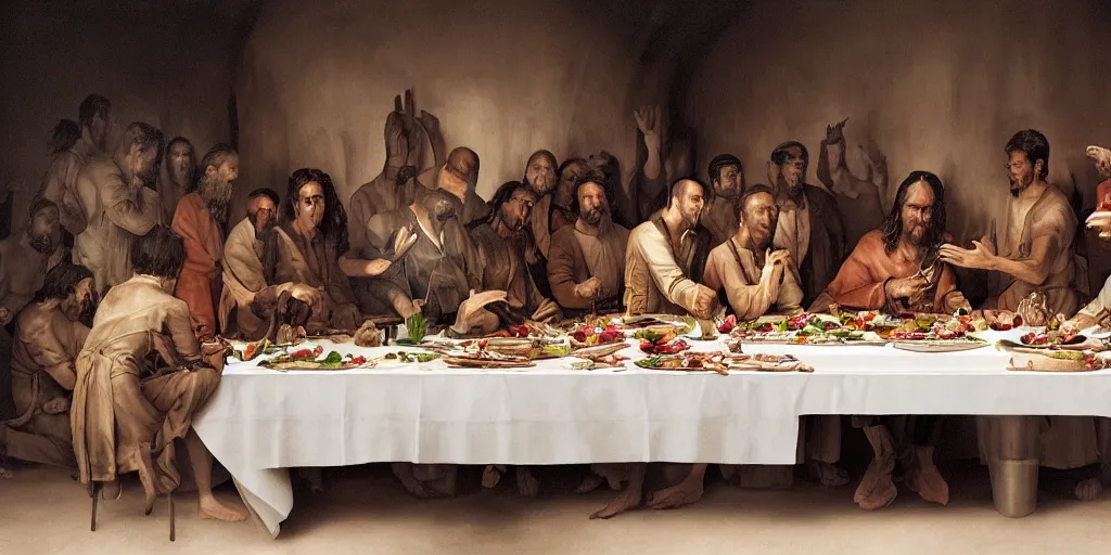 Prompt: !13 hungry cannibals making a rich salad around a marble table, !positioned as last supper cinematic lighting, dramatic framing, highly detalied, 4k, artstation, by Rene Lalique and Wayne Barlowe