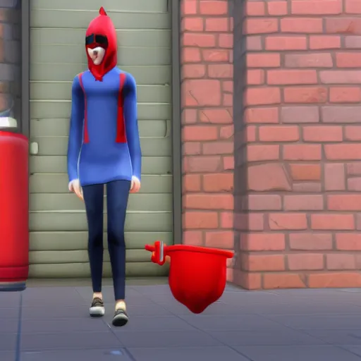 Image similar to a person wearing a red hood and holding a bell in sims 4 screenshot