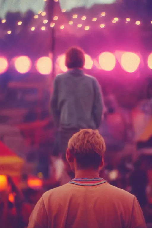 Image similar to agfa vista 4 0 0 photograph of a guy standing in the middle of a carnival, back view, synth vibe, vaporwave colors, lens flare, moody lighting, moody vibe, telephoto, 9 0 s vibe, blurry background, grain, tranquil, calm, faded!,