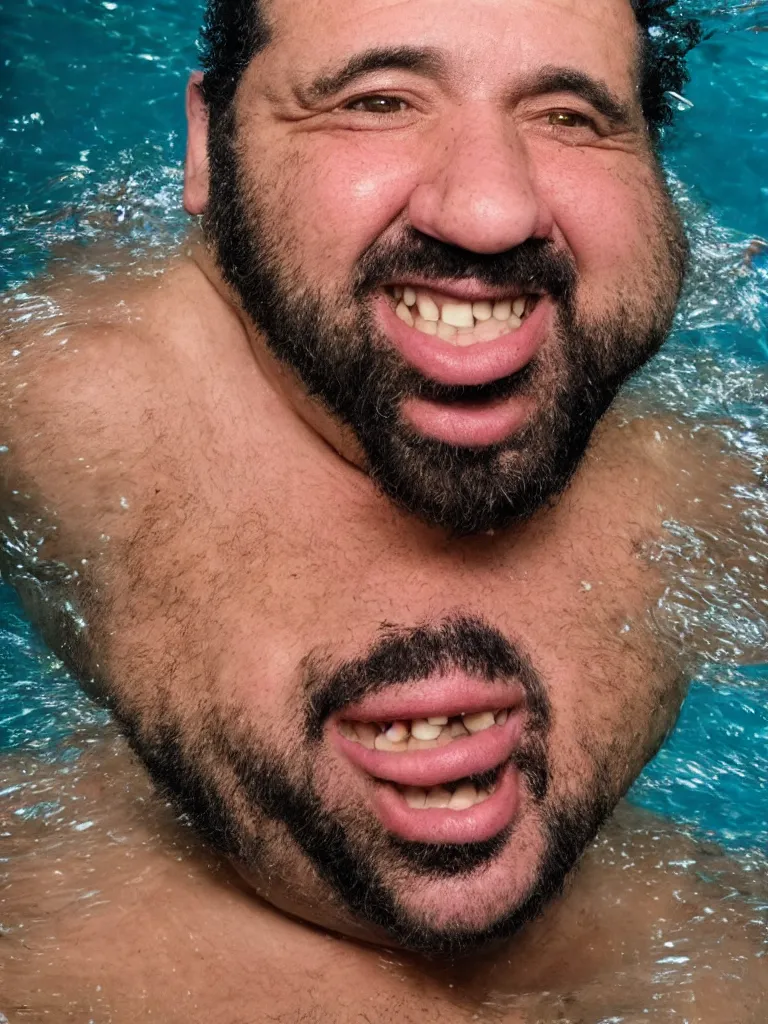 Image similar to a middle aged man, bulky build, thick black curly hair, receding hairline, big dark eyebrows, big lips, smiling, small eyes, no beard, under water, coral