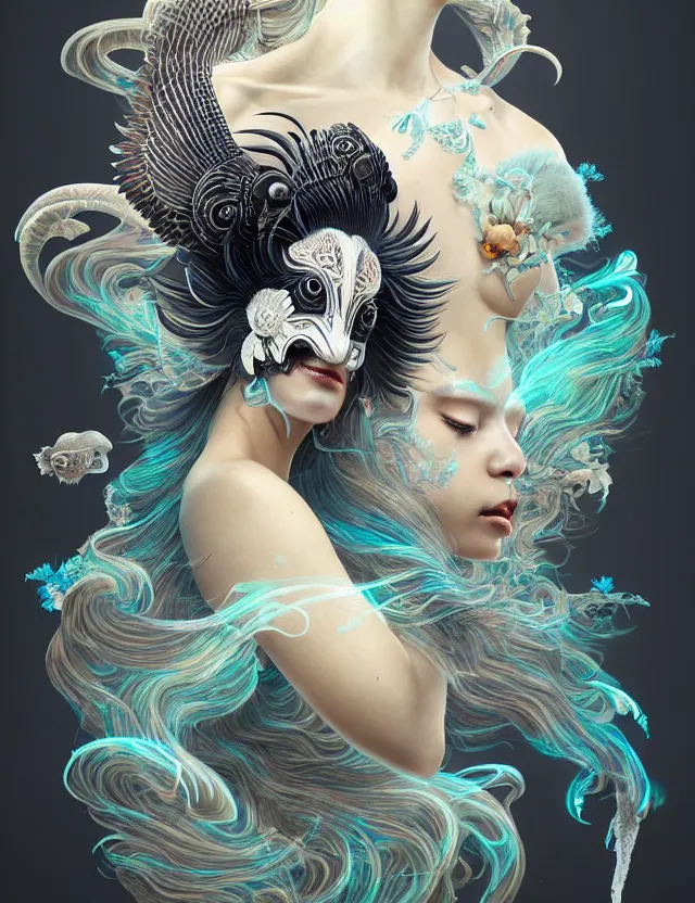 Image similar to 3 d goddess half - turn portrait with long hair with ram skull. beautiful intricately detailed japanese crow kitsune mask and clasical japanese kimono. betta fish, jellyfish phoenix, bio luminescent, plasma, ice, water, wind, creature, artwork by tooth wu and wlop and beeple and greg rutkowski