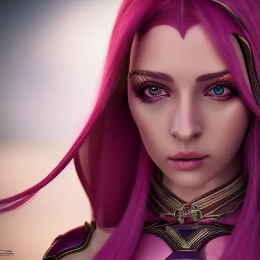 Prompt: portrait of a beautiful female high elf, tan skin, magenta eyes 3 d octane render trending on art station 8 k