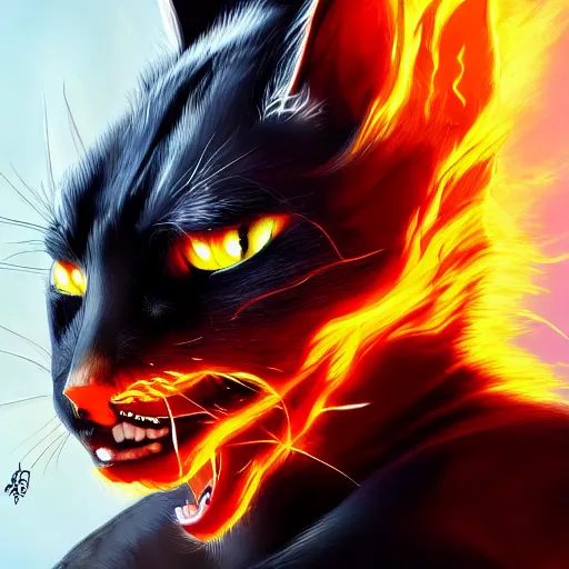 Prompt: ghost rider as a cat, animal drawing, by artgerm, hd, hdr, ue 5, ue 6, unreal engine 5, realistic anime 3 d style, cinematic 4 k wallpaper, 8 k, ultra detailed, gta 5 cover art, high resolution, artstation, award winning