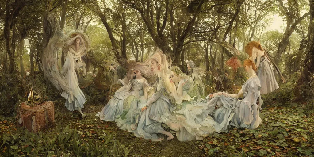 Image similar to alice in wonderland, dress made of leaves, masterpiece by Edgar Maxence and Ross Tran and Michael Whelan, gustav dore, carravaggion, realistic fantasy, establishing shot, 8k, octane render, moonbeams