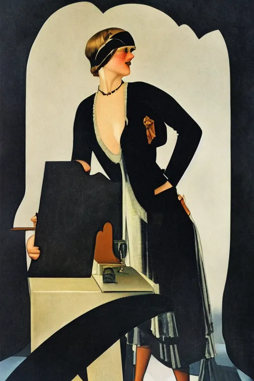 Image similar to a oil painting depicting a Jazz Age high society figure, 1920s style, smooth, highly detailed, high contrast, Coles Phillips, Dean Cornwell, JC Leyendecker, 8K