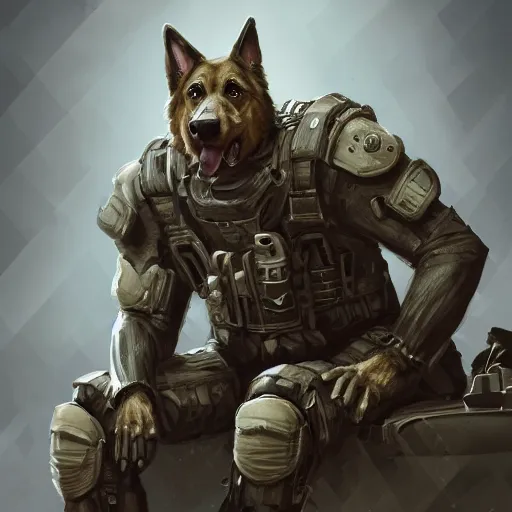 Image similar to a humanoid german shepherd beast - man in military style, sitting on the carpeted floor beside a bed, highly detailed portrait, digital painting, artstation, concept art, smooth, sharp foccus ilustration, artstation