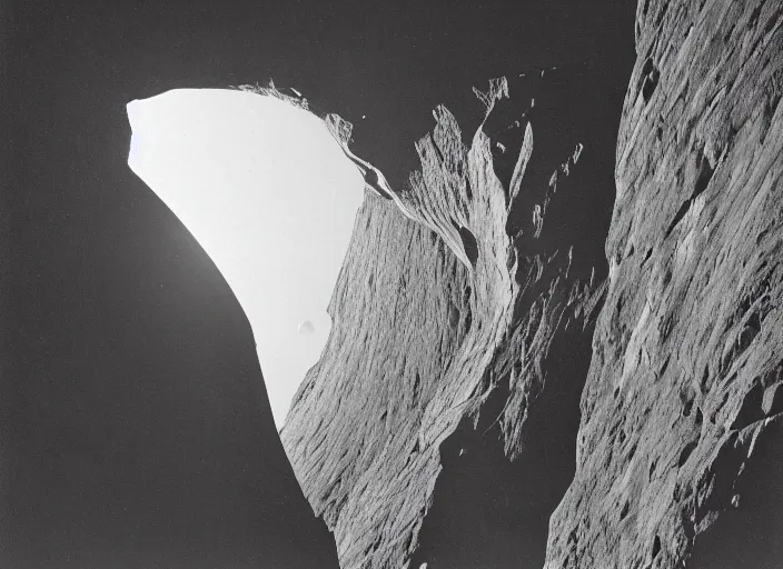 Prompt: Space ship descending towards silver skyscraper near a canyon, albumen silver print by Timothy H. O'Sullivan Ralph Macquarrie