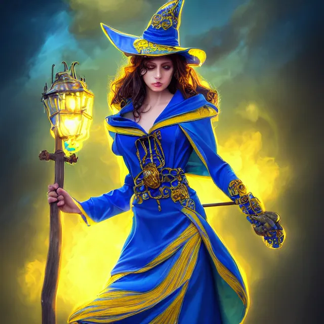 Image similar to beautiful elemental electric witch with ornate blue andyellow robes and staff, highly detailed, 4 k, hdr, smooth, sharp focus, high resolution, award - winning photo, artgerm, photorealistic