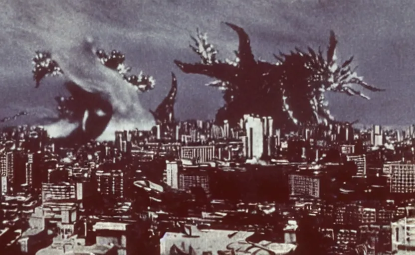 Prompt: a filmstill of Kim Jong-il and a Starro monster destroying Pyongyang, in Godzilla (1954) by Ishirō Honda, traditional Korean city, palace, epic ultrawide shot, cinémascope