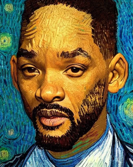 Image similar to Will Smith in the style of van gogh self portrait, face, detailed, sharp focus