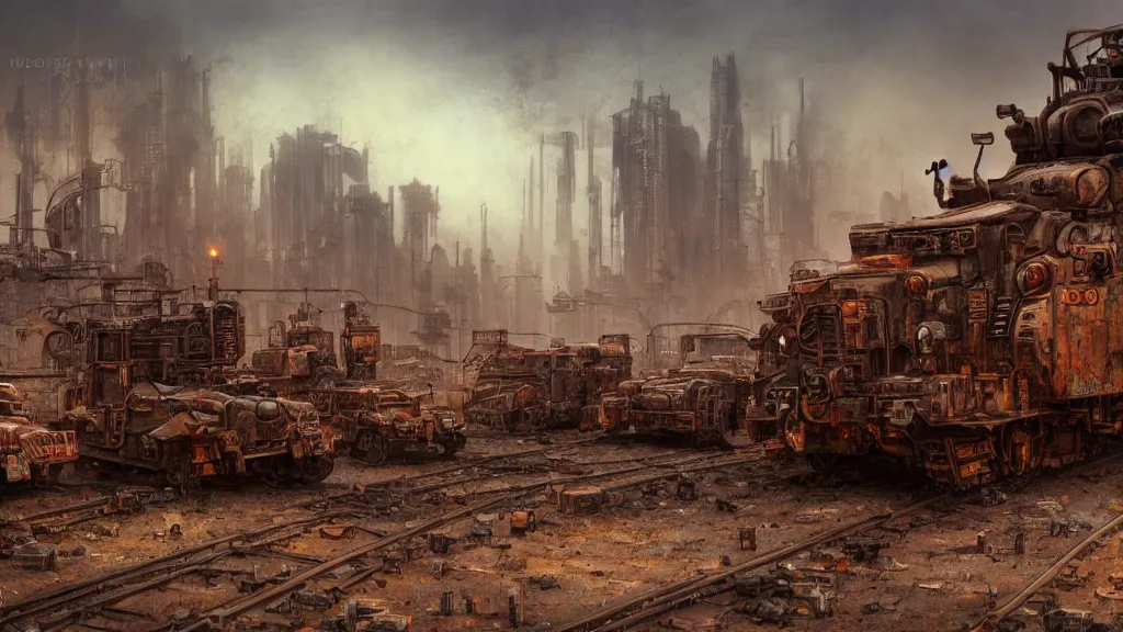 Image similar to A rusty old Mortal Engine City on tank tracks trundling along in a hot sunny desert, gleaming volumetric-lighting-style atmosphere, a dark gloomy futuristic atmosphere, intricate, detailed, photorealistic imagery, oil on canvas, illustrated by Ian McQue, trending on artstation, 4k, 8k