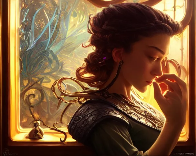 Prompt: shop window for magical rings, close up ring, magic ring, deep focus, d & d, fantasy, intricate, elegant, highly detailed, digital painting, artstation, concept art, matte, sharp focus, illustration, hearthstone, art by artgerm and greg rutkowski and alphonse mucha