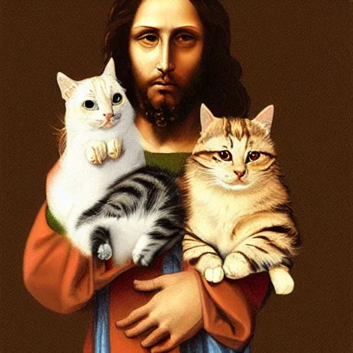 Image similar to portrait of jesus holding a cute cat, digital art, by leonardo da vinci