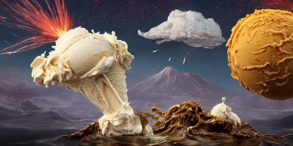Image similar to closeup of vanilla ice cream come in the foreground is being eaten by Cthulhu, exploding volcano is hit by meteor in the background, by Philipp A. Urlich and H. R. Geiger and H. P. Lovecraft, fantasy, intricate, elegant, highly detailed, digital painting, artstation, blender, unreal engine 5, octane render, smooth, sharp focus, illustration