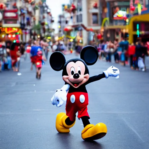 Image similar to Mickey mouse running through town scaring people, realistic, photograph