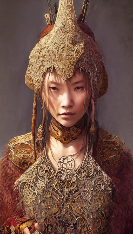 Image similar to hunter shafer, traditional mongolian clothing, fame of thrones, fibonacci, sweat drops, intricate fashion clothing, insane, intricate, highly detailed, surrealistic, digital painting, artstation, concept art, smooth, sharp focus, illustration, unreal engine 5, 8 k, art by artgerm and greg rutkowski and alphonse mucha
