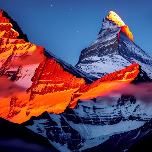 Image similar to a photo at nighttime of a powerful llumination of the matterhorn in the colors of indian flag, orange top, white middle, green base. projected illuminated on the matterhorn mountain at night