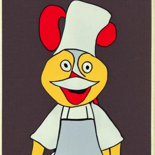 Image similar to fan art of an anthropomorphized hen with a worried expression, wearing an apron, pointing to the kitchen sink