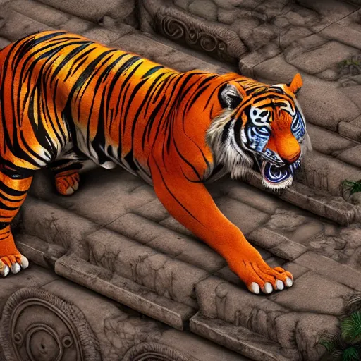 Image similar to 3 d breathtaking cool beautiful mayan ornate biomechanical coloured tiger, isometric perspective, 8 k octane render