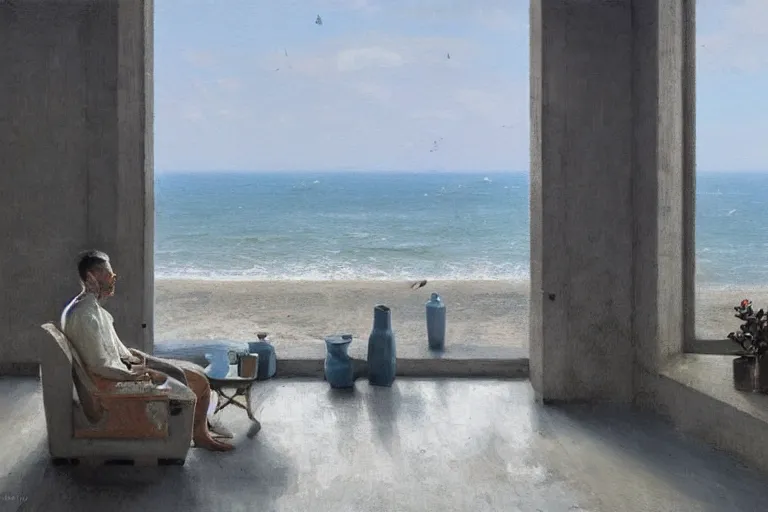 Image similar to painting of a man sitting down and having a cup of tea in his house by the beach, muted colors, cby greg rutkowski, muted colors