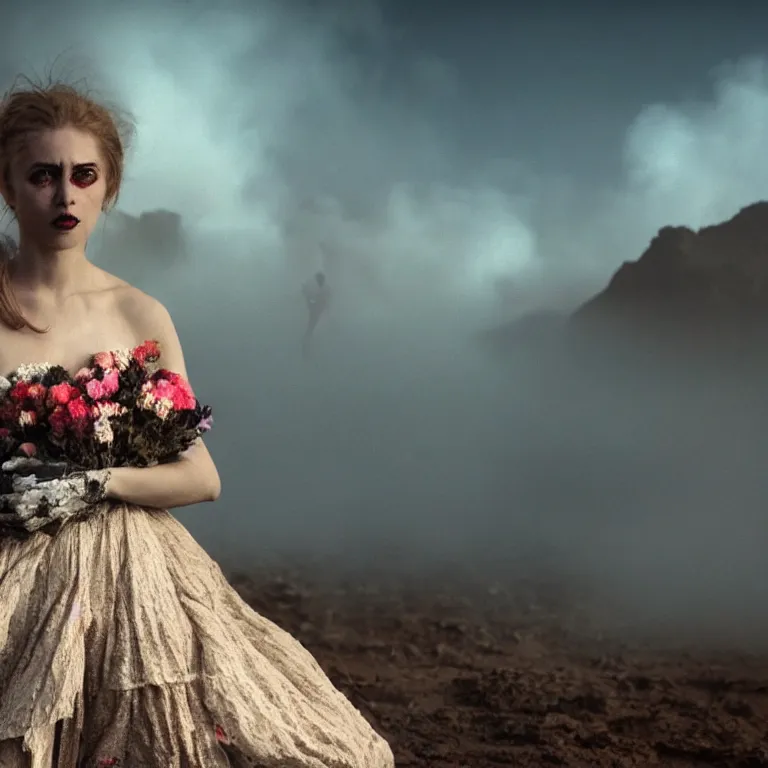 Prompt: The full body shot of beautiful pale woman with many flowers and full-face black mask inside a thick cloud black smoke in rocky desert landscape, glowing eyes, falling star on the horizon by Christopher Doyle, Gaspar Noe, Alejandro Jodorowsky, anamorphic lens, cinematic composition, award winning photo, 8k