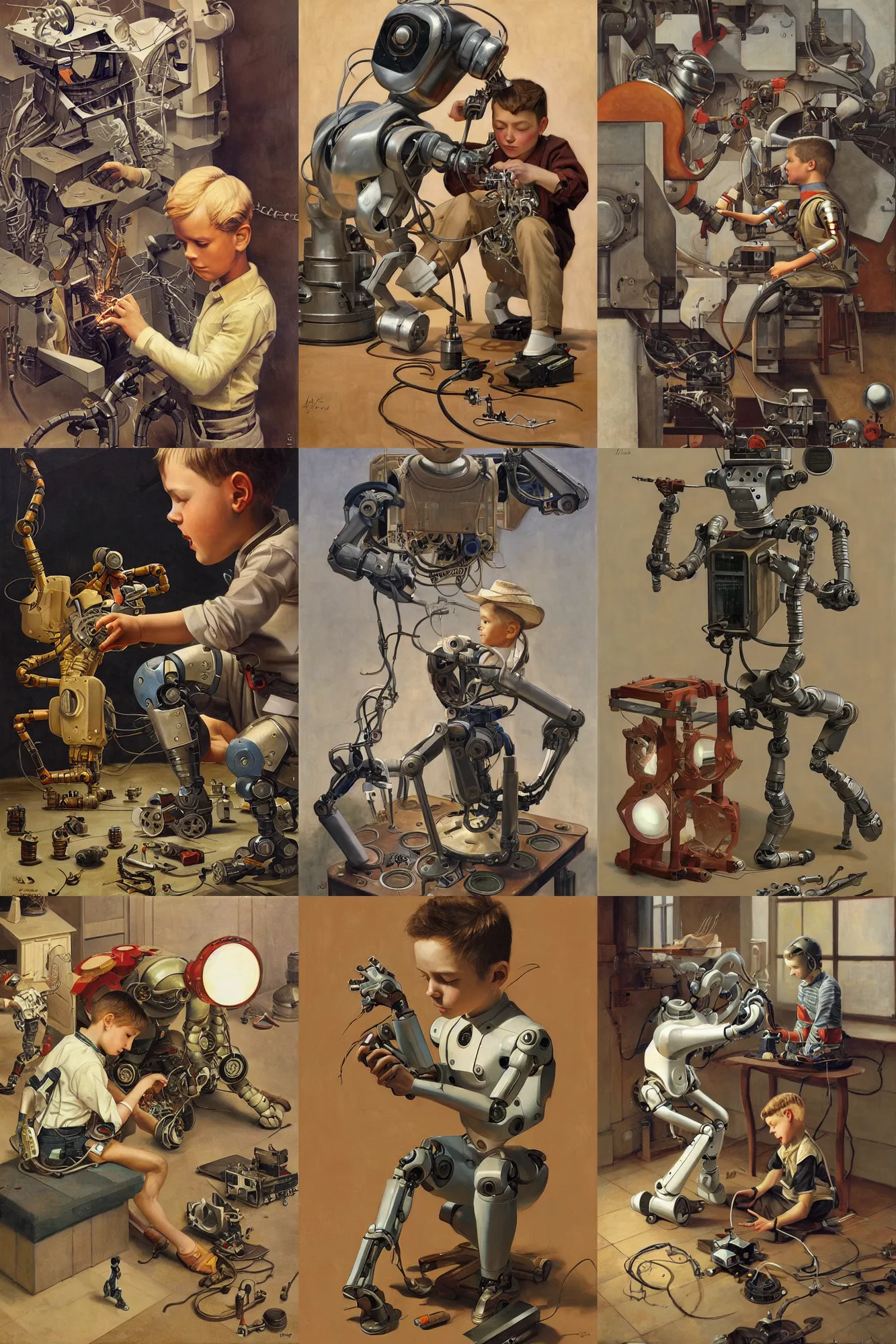 Prompt: a boy fixing his robot, part by Esao Andrews, part by JC Leyendecker, isometric, oil on canvas